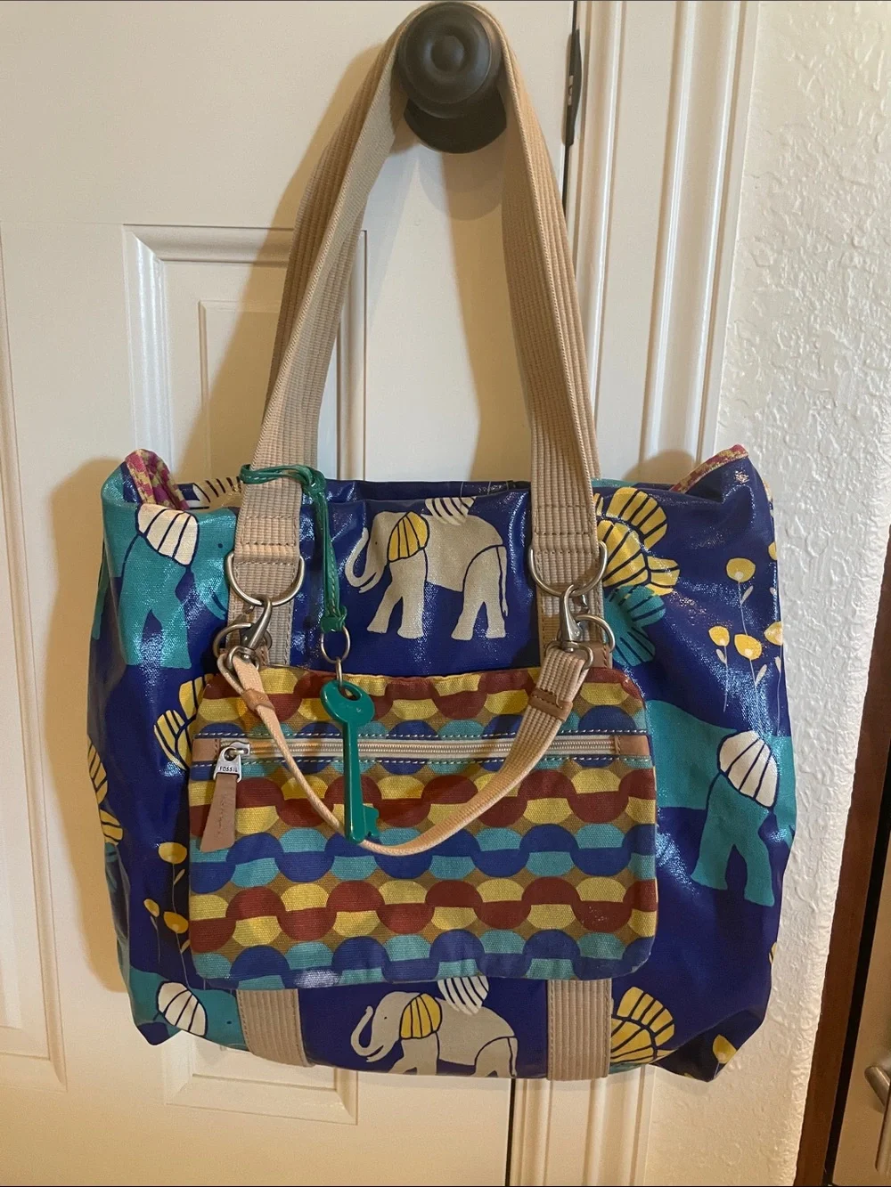 Fossil Blue Multicolor Elephant Print Tote